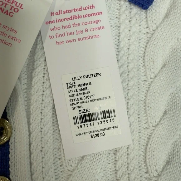 Lilly Pulitzer Women M Suzette Cable Knit Sweater White Blue Golf Tennis Preppy - Picture 4 of 8